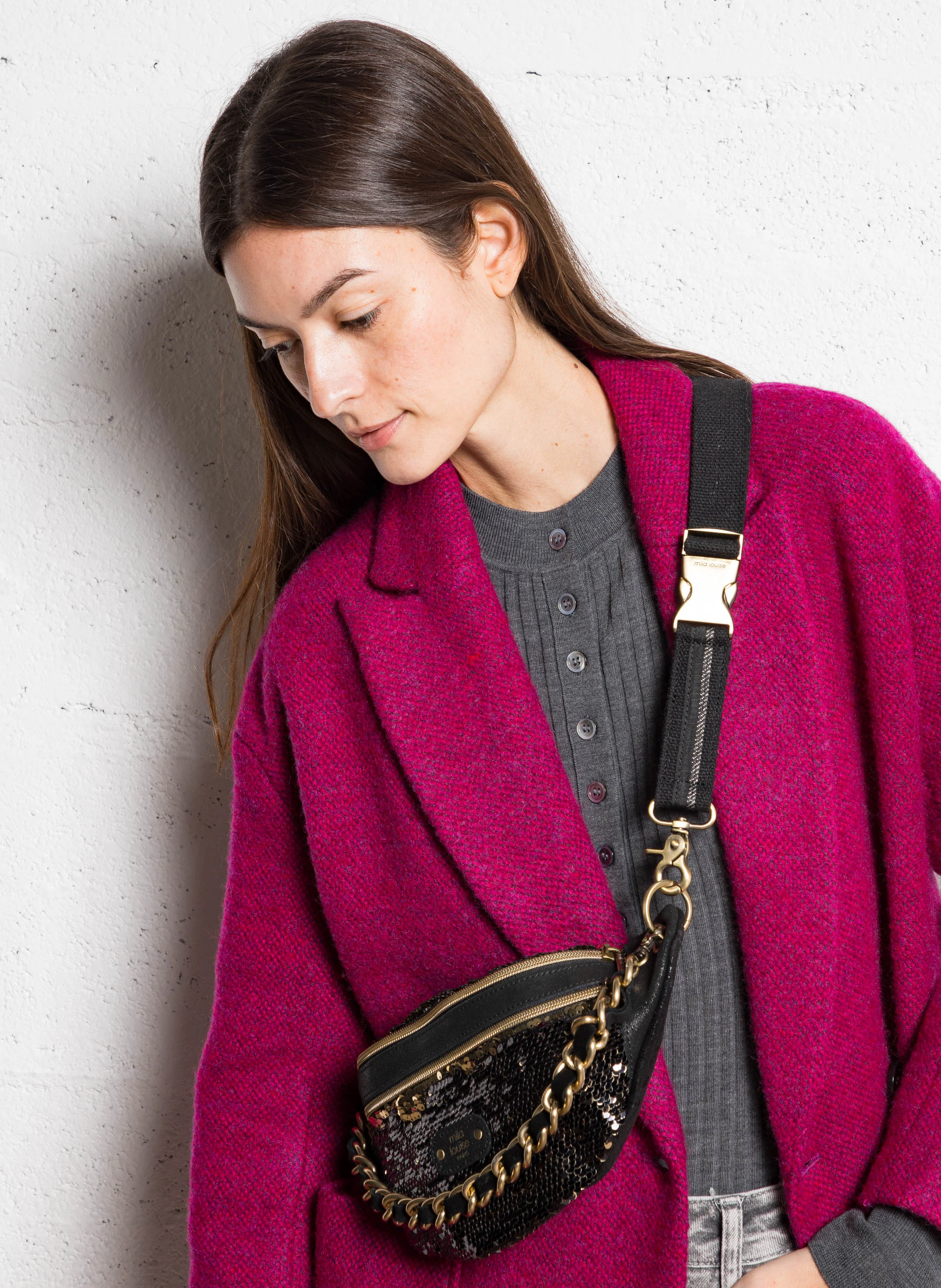 PETRA - Sac banane en cuir à sequins | Noir