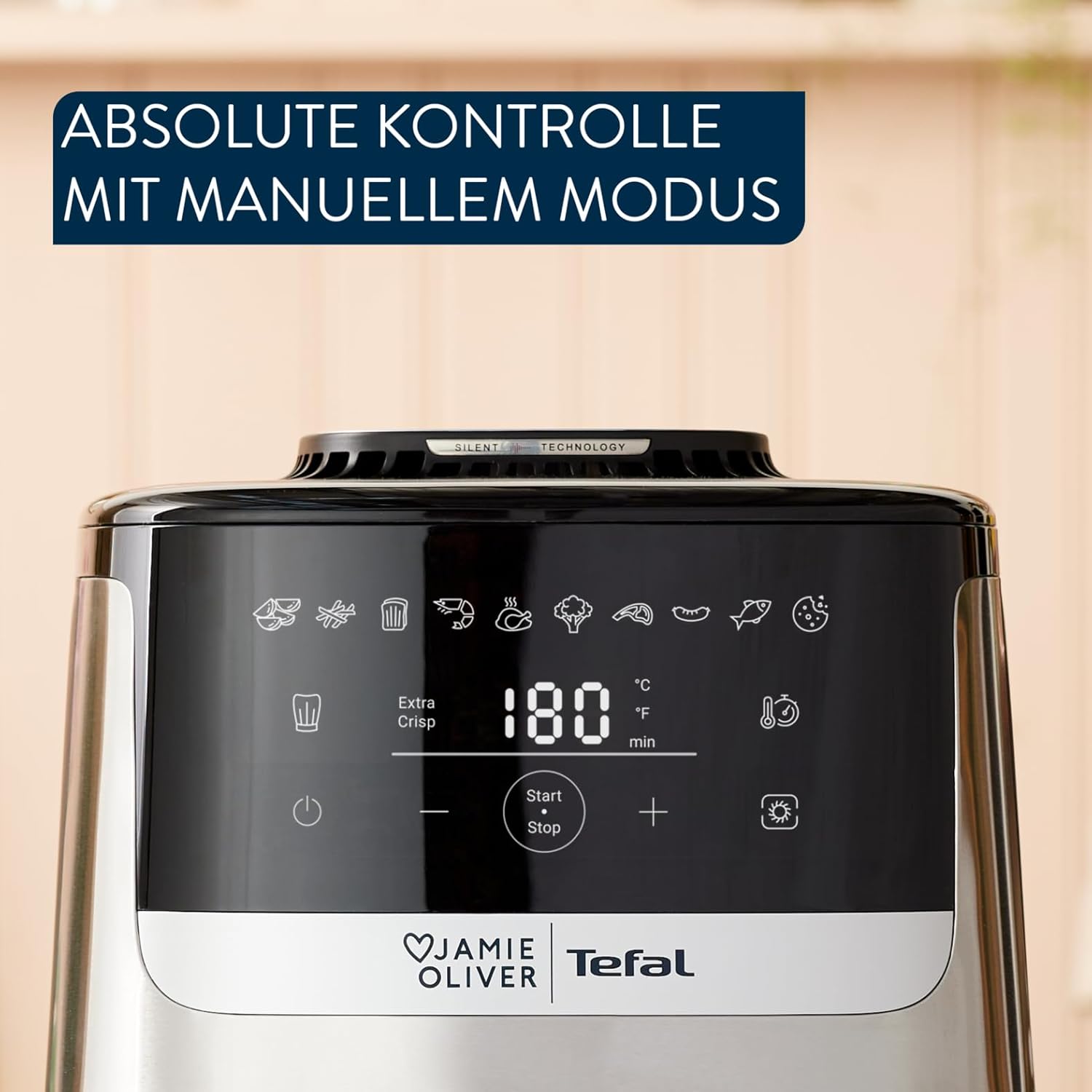 Jamie Oliver by Tefal Easy Fry Silence Deluxe Heißluftfritteuse, sehr leise, 10 voreingestellte Programme, digitaler Touchscreen, 5 l, inkl. Druckguss-Gitterrost + Deckel, Schwarz/Edelstahl, EY55JDE0