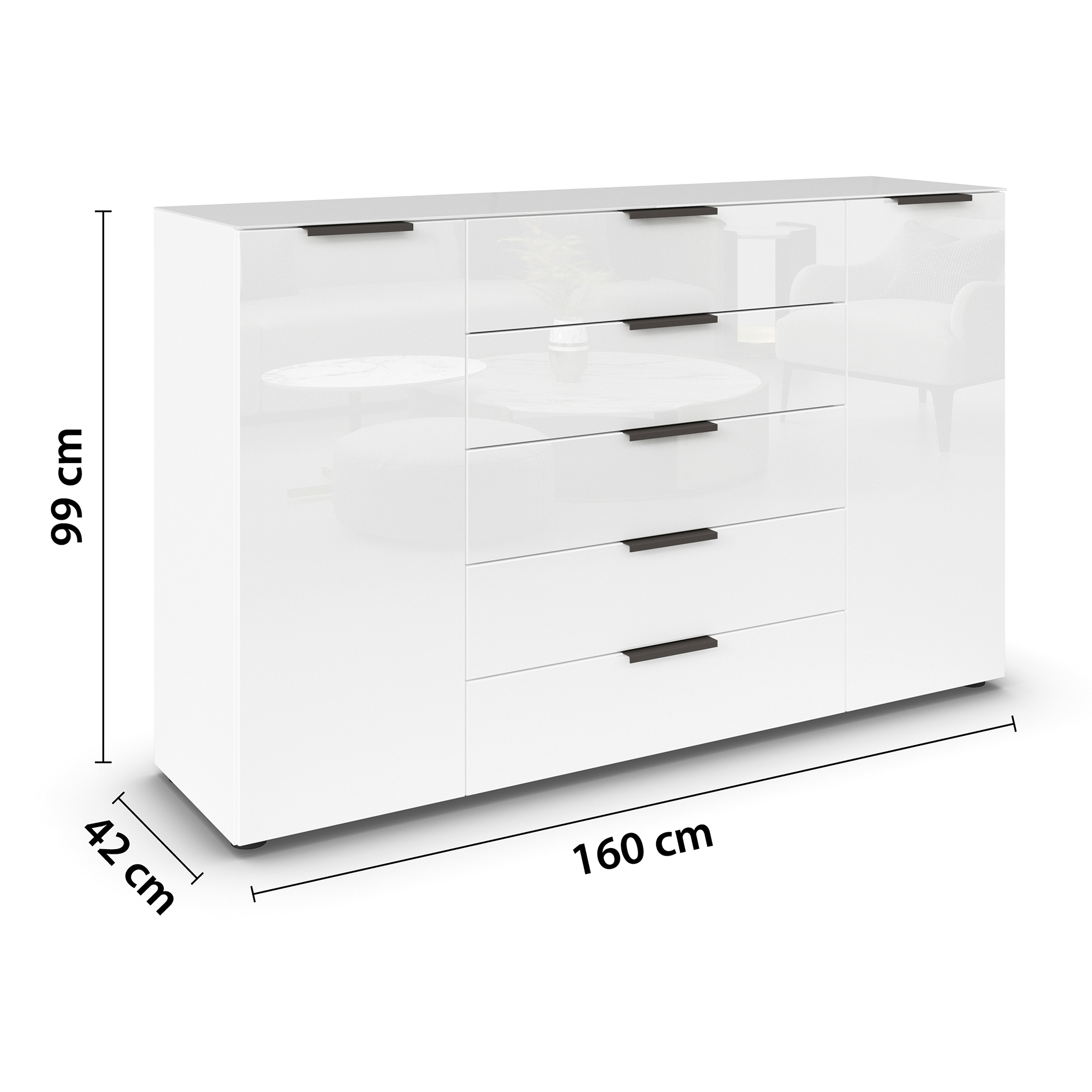 Kommode - alpinweiß-Kristallweißglas - Graphitgriffe - 160 cm
