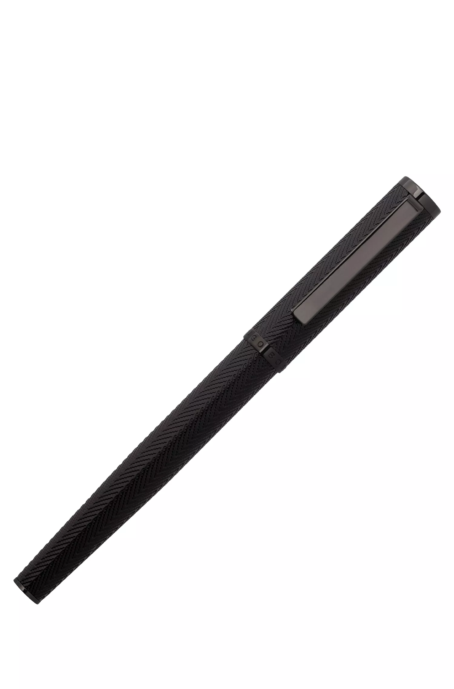 Caneta rollerball BOSS com textura espinha de peixe preta em latão.