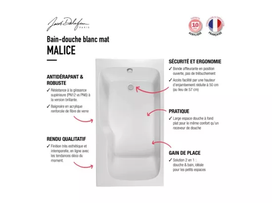 Baignoire bain douche JACOB DELAFON Malice antidérapante + pare bain 170 x 90, version droite