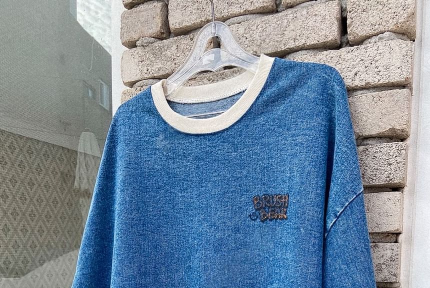 SeoulPop - Losse denim pullover met lange mouwen en berenprint