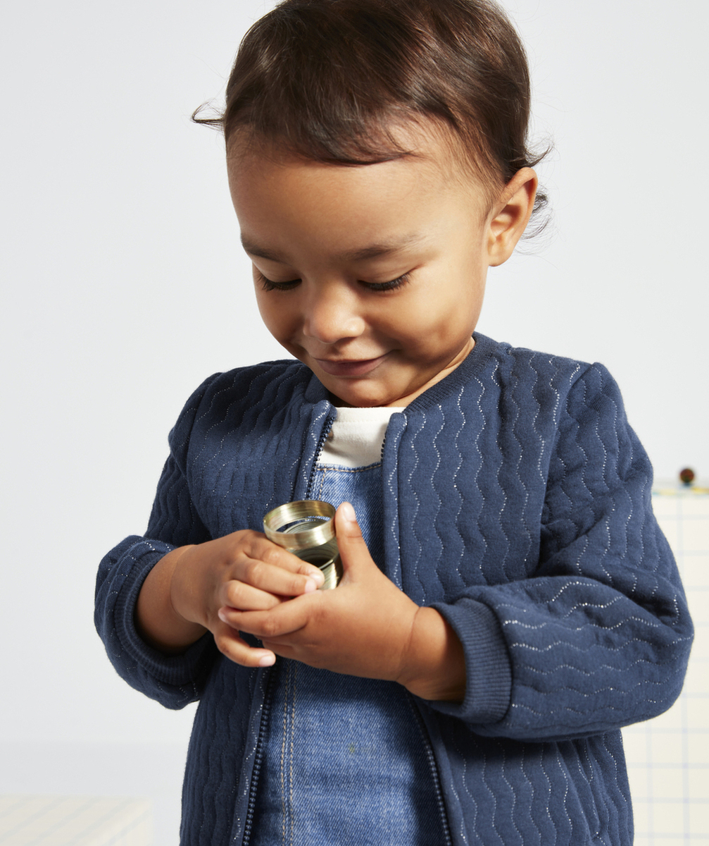 CARDIGAN BÉBÉ FILLE BLEU MARINE AVEC FILS COULEUR ARGENTÉE