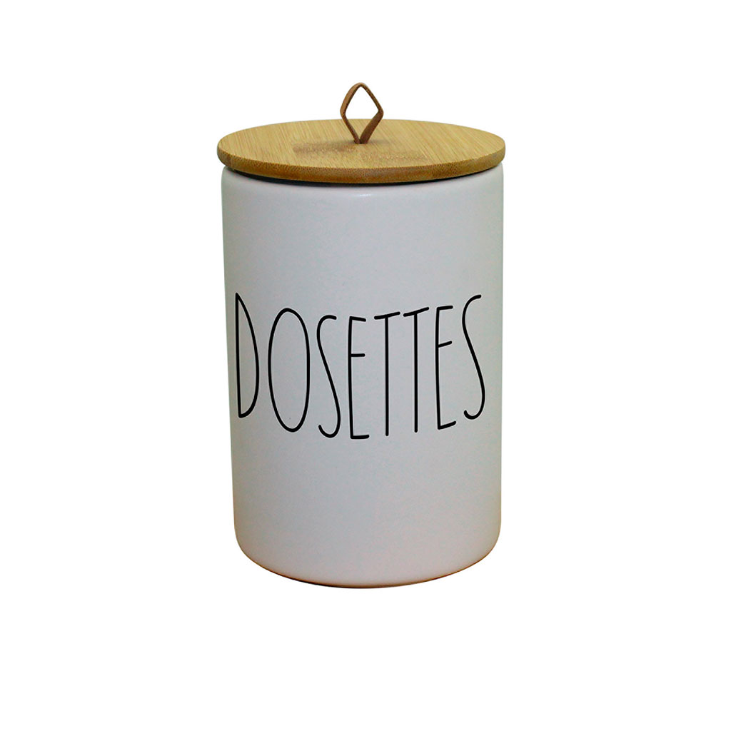 Pot à dosettes céramique et couvercle bambou blanc D 9.6x14.9cm