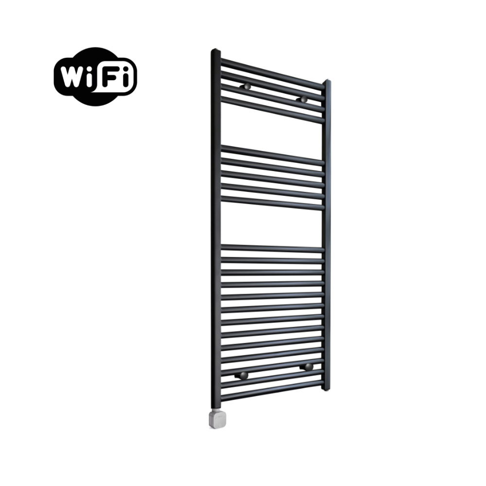 Sanicare Carini elektrische Wifi radiator 112x45cm zwart met thermostaat chroom linksonder