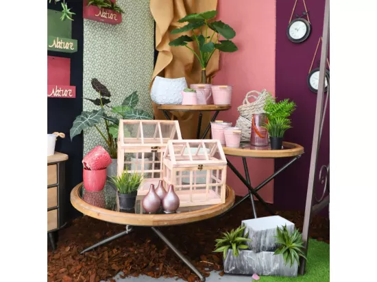 Set de 2 mini serres d'intérieur en bois naturel rosé et verre
