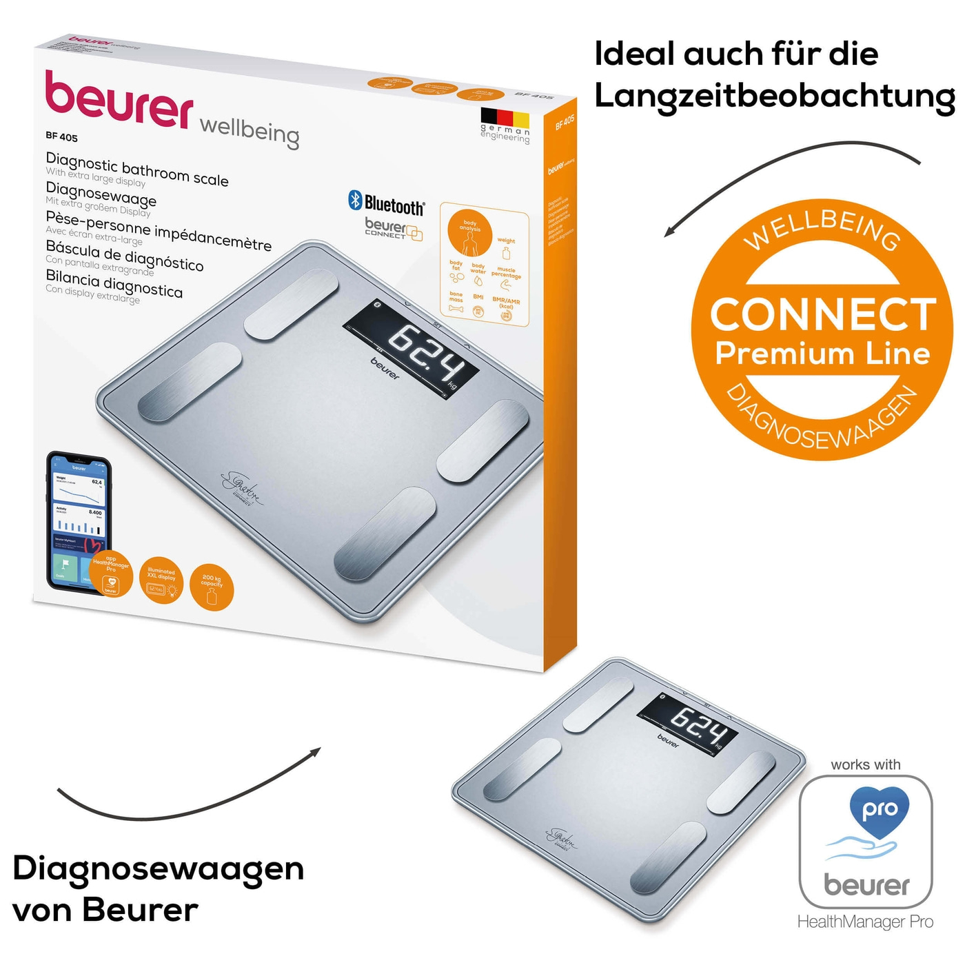 Diagnosewaage BF 405 Signature Line Bluetooth Personen Waage zur Körperanalyse mit App Funktion (iOS / Android) (76006) - Silber