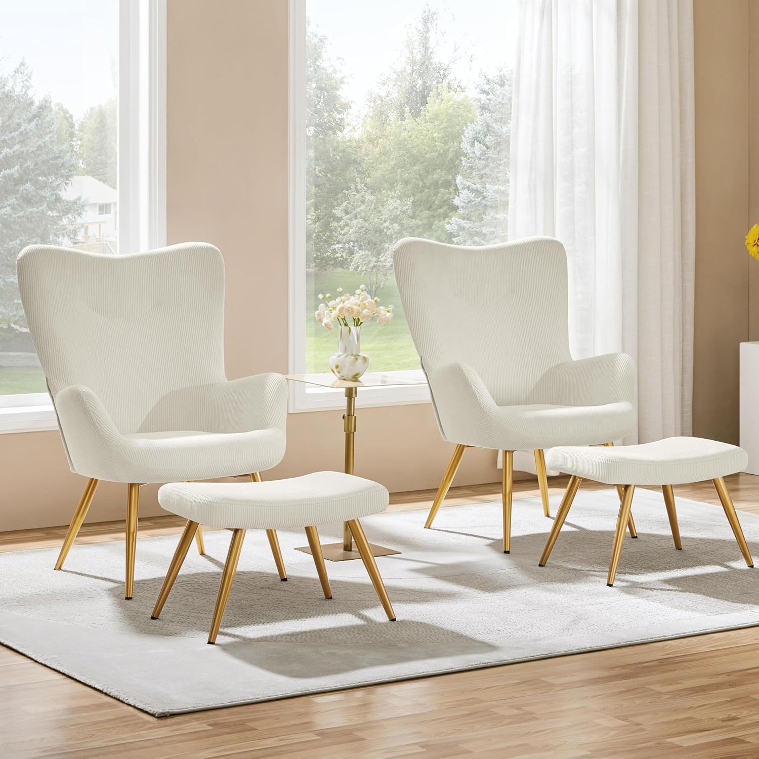 Yaheetech Ohrensessel mit Hocker aus Cordstoff Loungesessel mit Klappbarer Rückenlehne bis 136 kg belastbar Sessel fürs Wohnzimmer/Schlafzimmer Beige