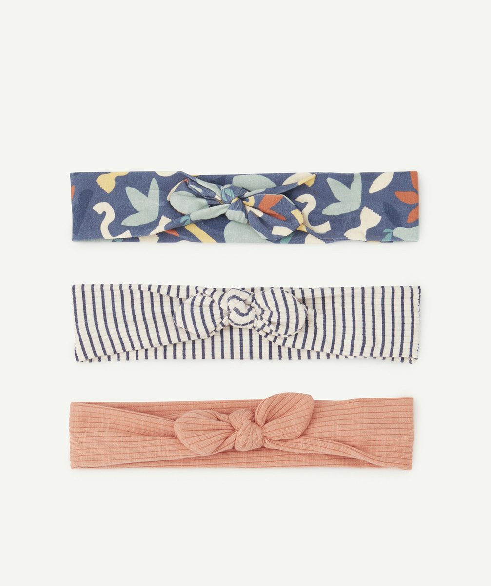 LOT DE 3 BANDEAUX EN COTON BLEU ET ROSE BÉBÉ FILLE