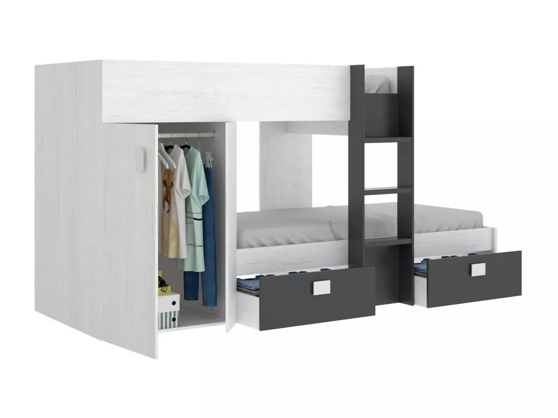 Lit enfant Cevedale, Chambre complète avec armoire et tiroirs, Composition de lits superposés avec deux lits simples, 271x111h150 cm, Blanc et Anthracite