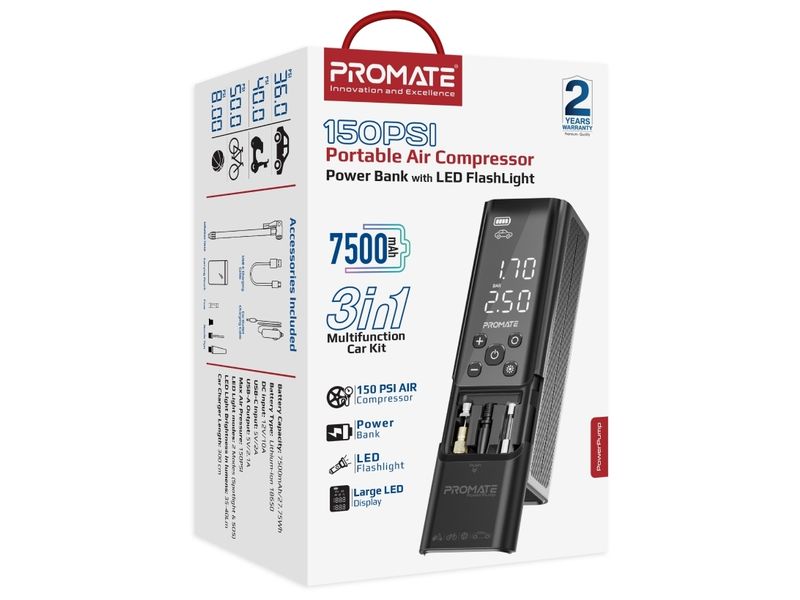 Promate Luftkompressor PowerPump Portabler 10.3 bar Tragbarer Luftkompressor mit 150PSI und TPMS-Funktion