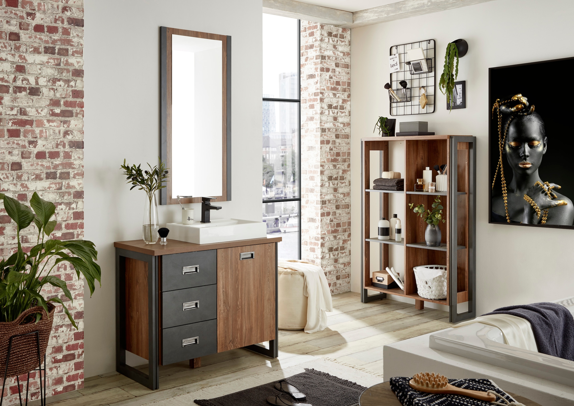 Home affaire Waschtisch »Detroit, Unterschrank mit Apothekergriff, Badschrank, Industrialdesign« Eiche Dekor, mit Stauraum, inkl. Mineralguss-Waschbecken, Breite 91 cm