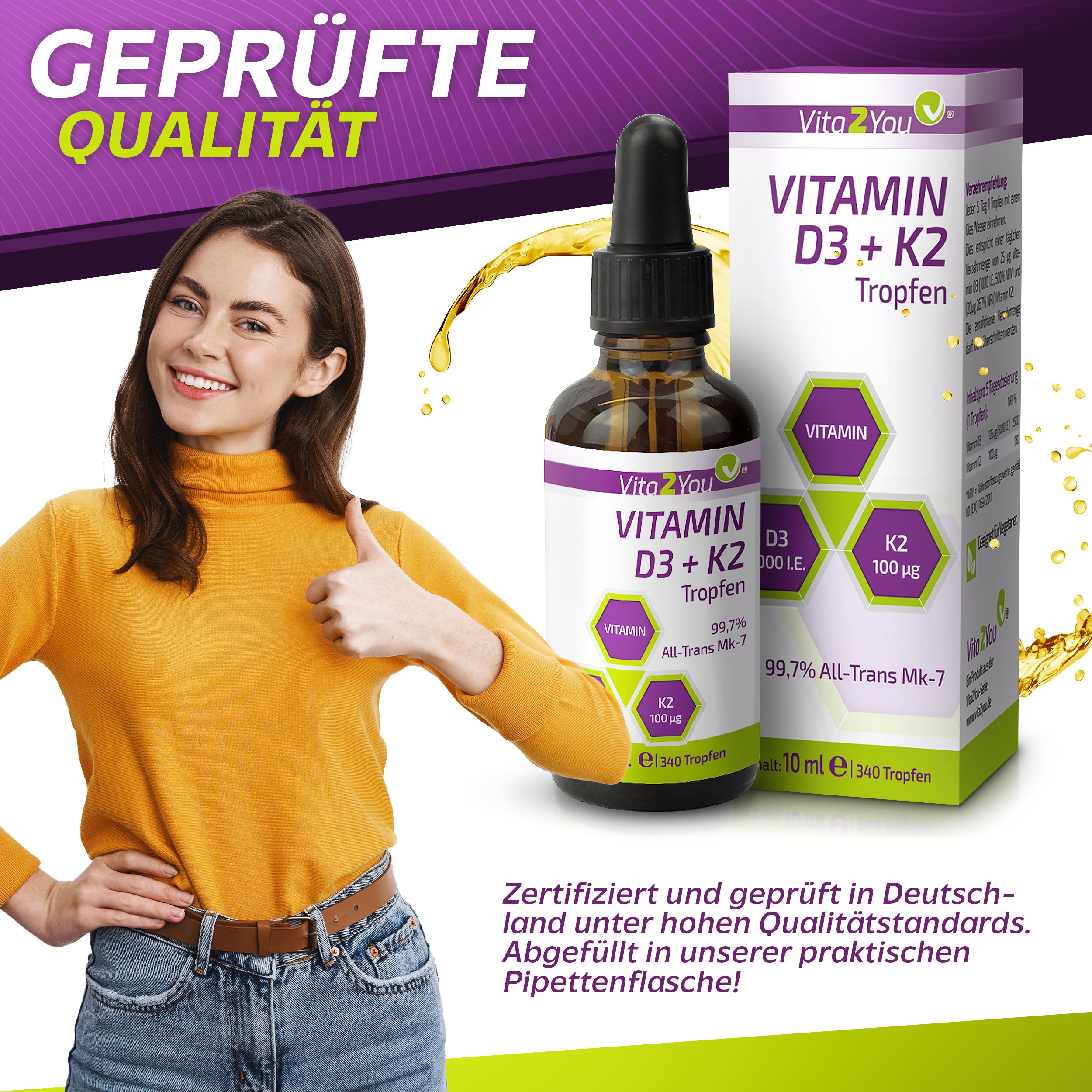 Vita2You Vitamin D3 + K2 Tropfen 5000IE - 100µg Vitamin K2