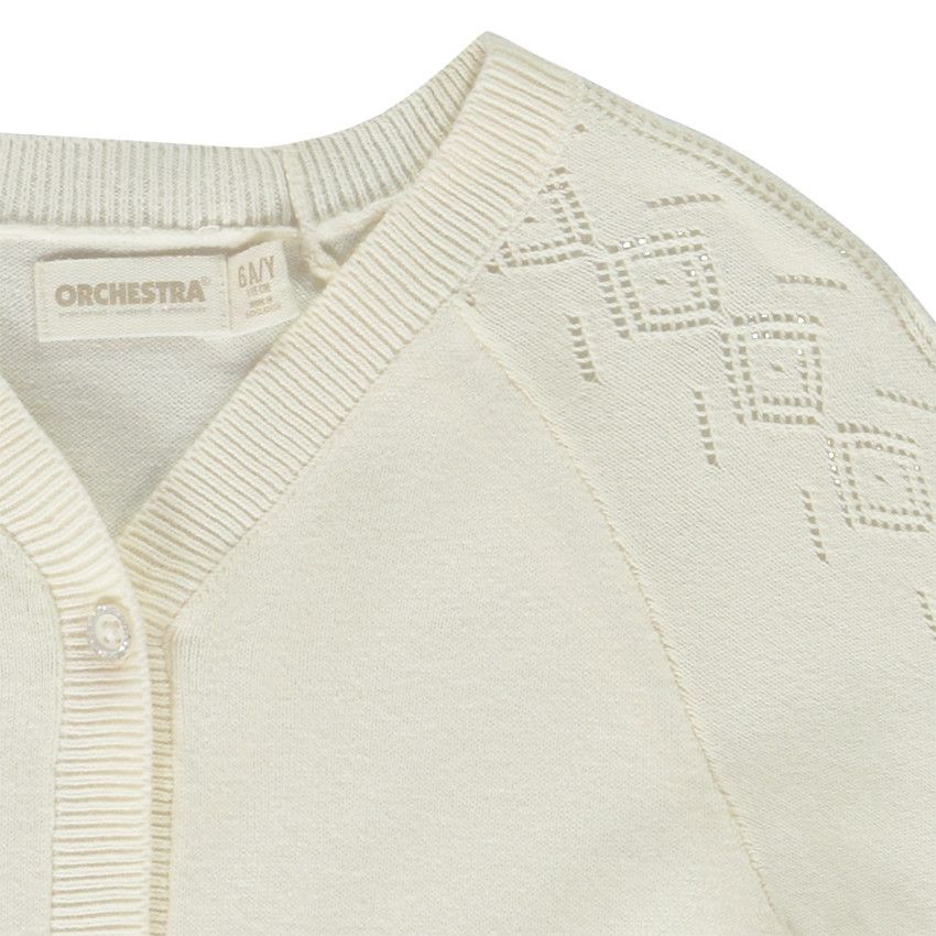 Gilet manches raglan en tricot pointelle pour fille - Ecru