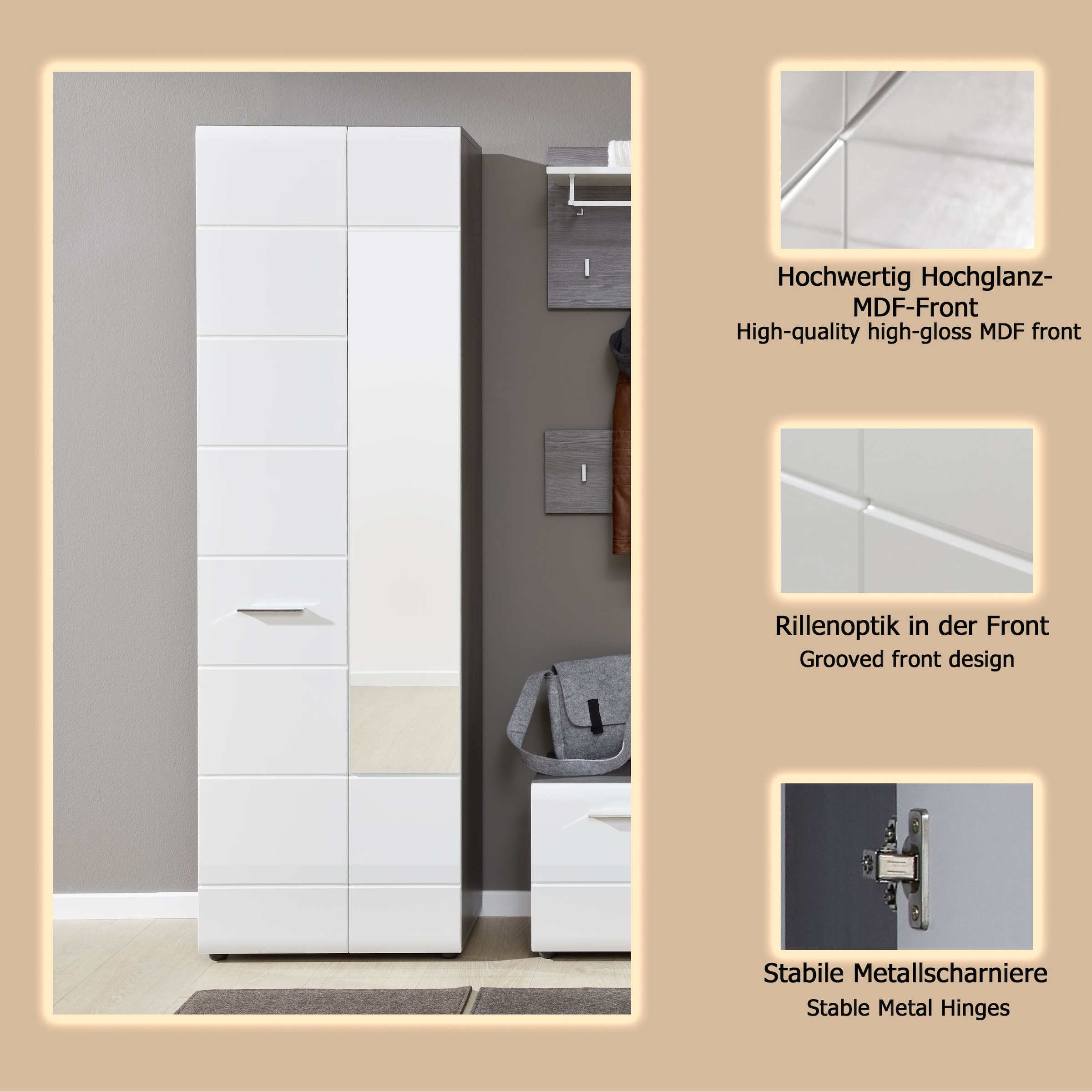 INOSIGN Garderobenschrank »Sovana« Garderobenschrank mit 2 Türen & Spiegel - (B/T/H) 60/36/191 cm