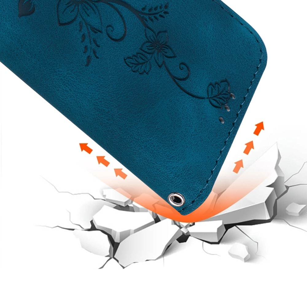 Samsung Galaxy S25 Ultra Leder Tasche Wallet - Blumen Imprint - Dunkelblau