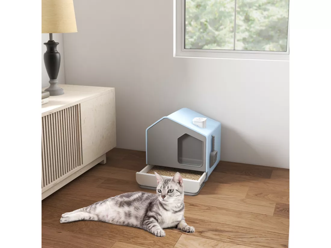 YITAHOME Bac Litiere pour Chat - avec Capuche Scoop - Bac à Litière Couvert Côtés Hauts - Bleu