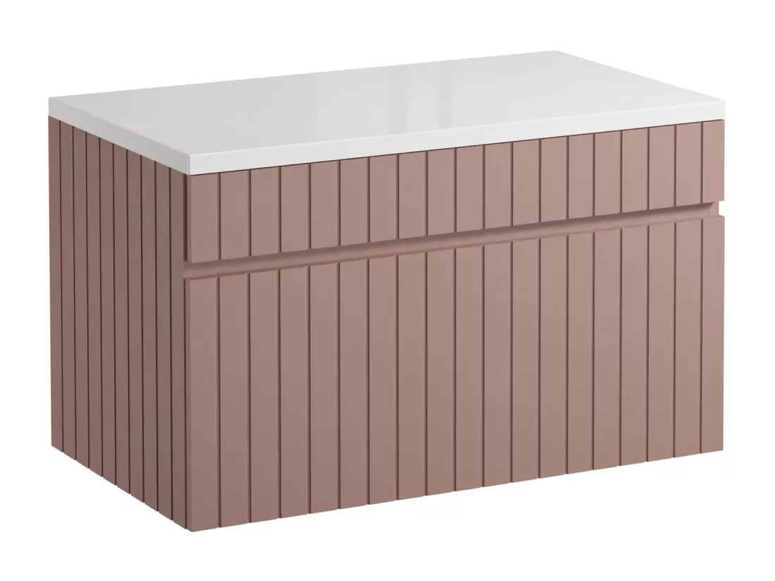 Meuble sous vasque suspendu strié rose avec planche - 80 cm - SATARA