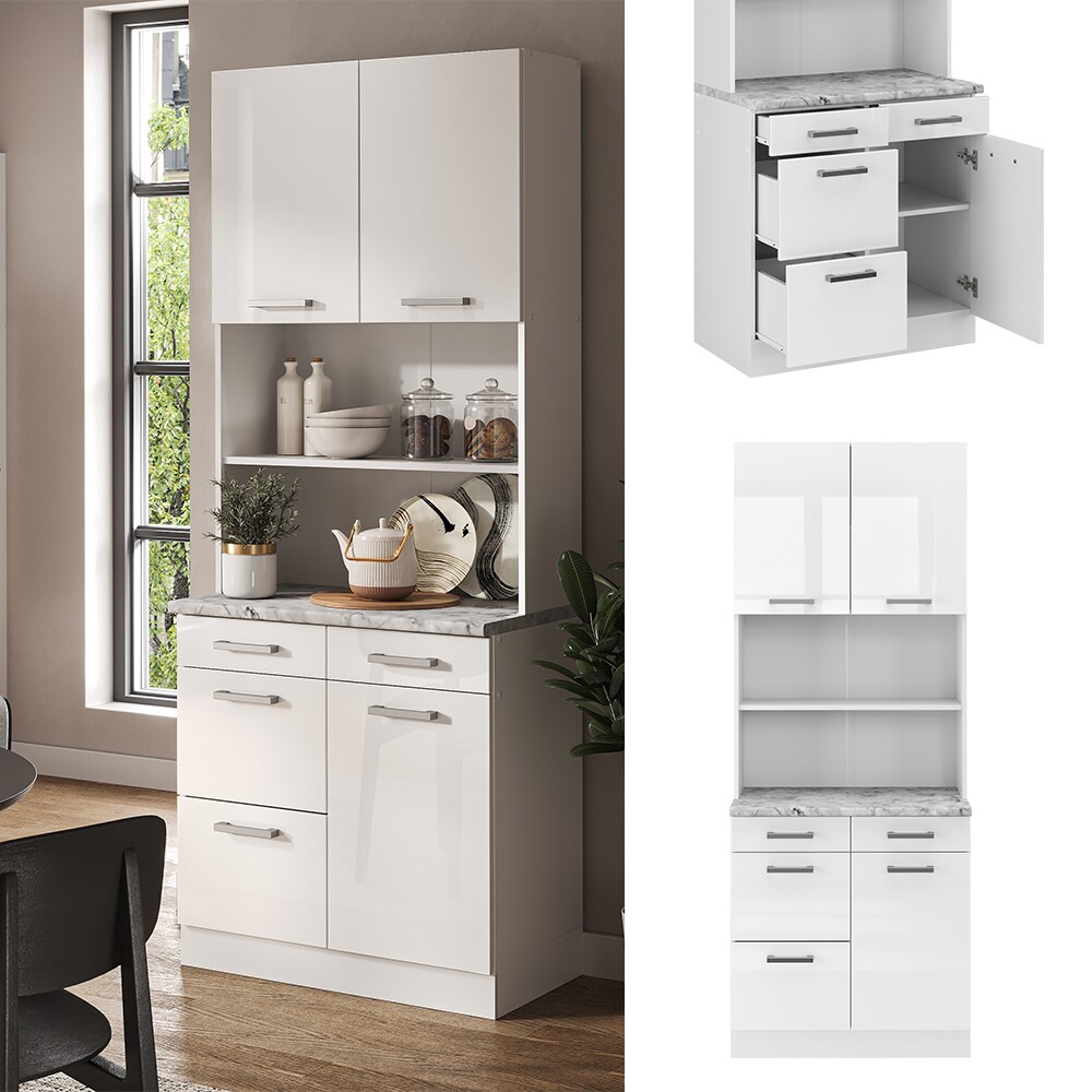 Vicco Buffetküche Küchenzeile Küchenblock R-Line Weiß Hochglanz modern 80 cm Arbeitsplatte Küchenschränke Küchenmöbel