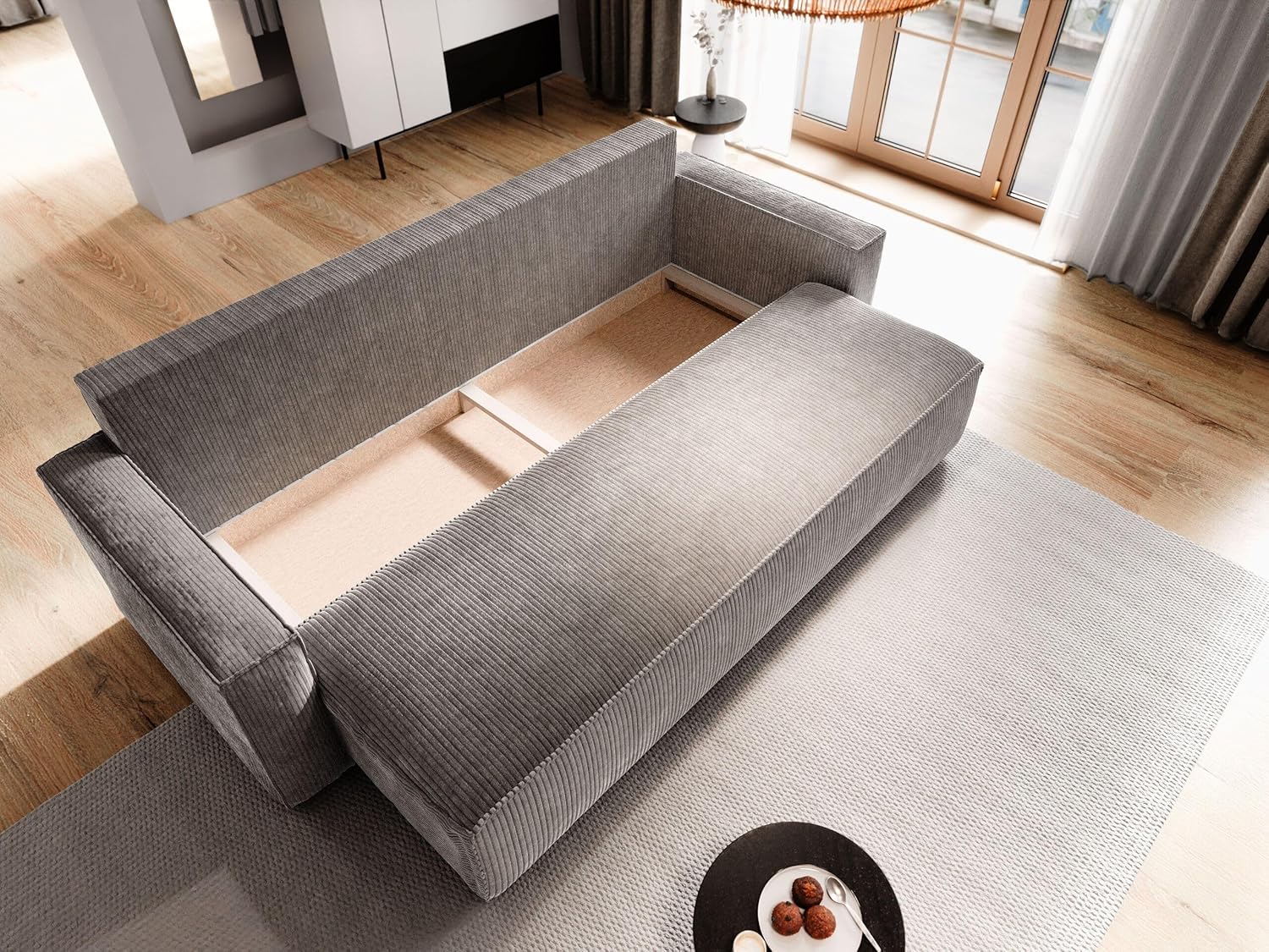 Masseno Sofa MENI mit Schlaffunktion, Sofa mit Bettkasten, Wohnzimmersofa, Couch, Soffa, Bettsofa, Couchgarnitur- Graphitfarben, POSO 34