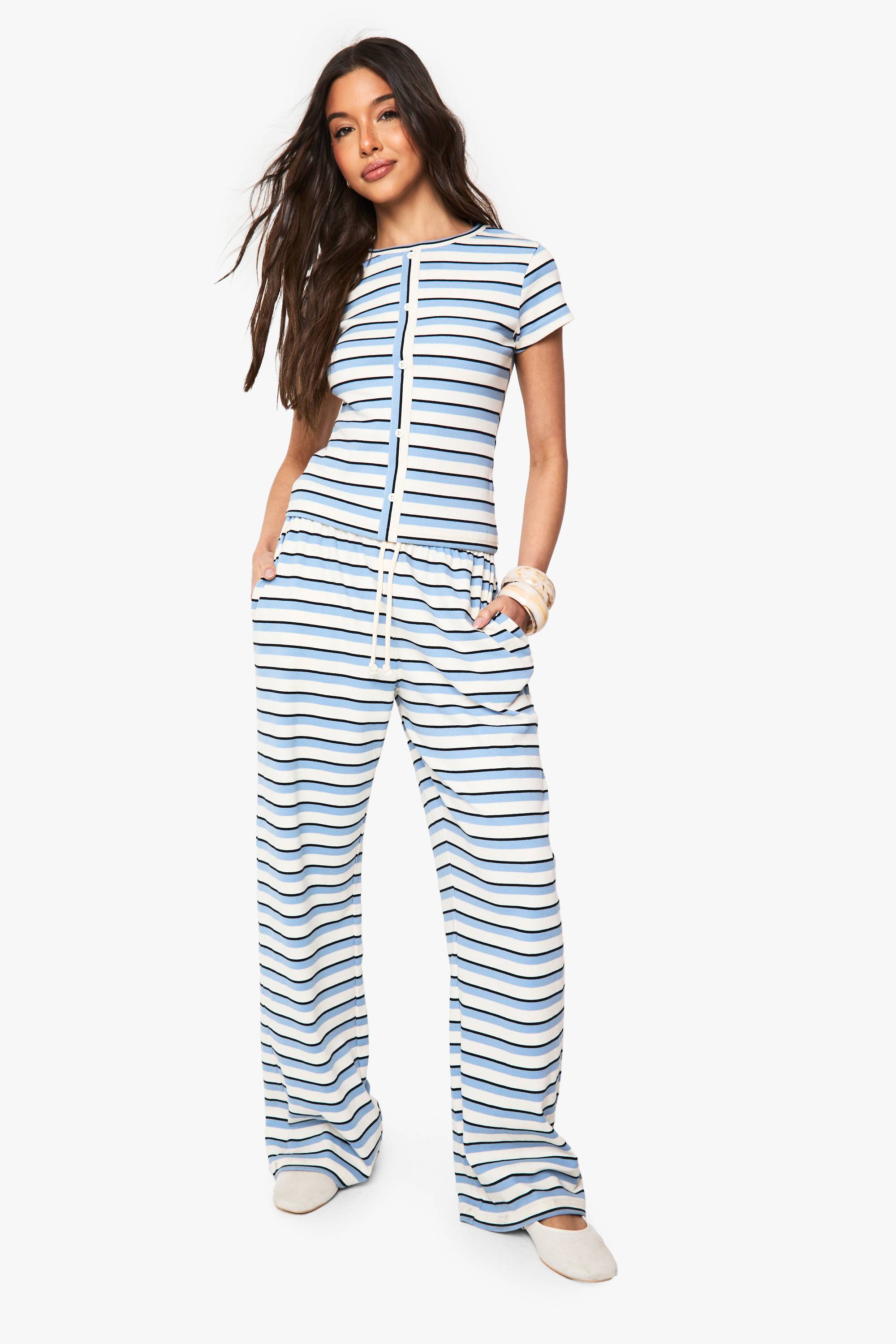boohoo Pantalon à cordon de serrage en côtes rayées