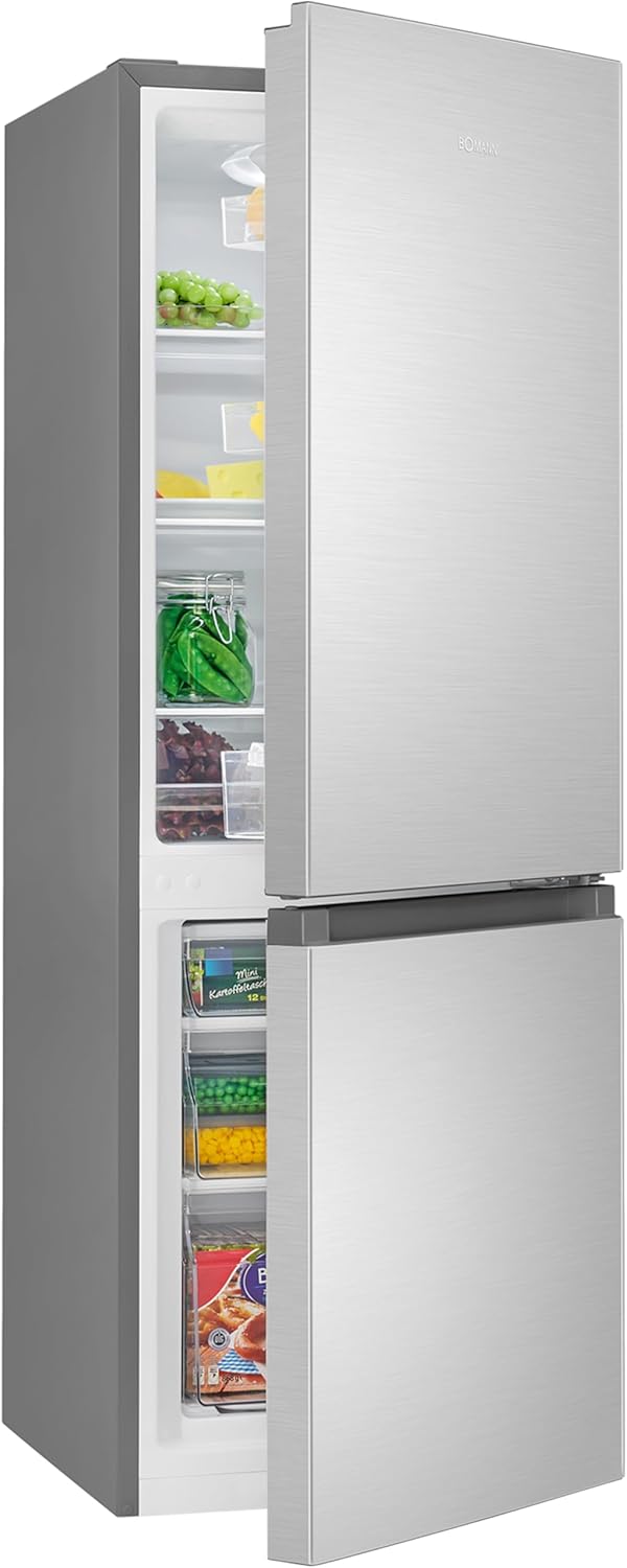 Bomann® Kühlschrank mit Gefrierfach | Energieklasse E | 143cm | Kühl Gefrierkombination leise 39 dB | 3 Ablagen & 3 Schubladen | Türanschlag wechselbar | 175L Kühlgefrierkombi | KG 320.2 inox