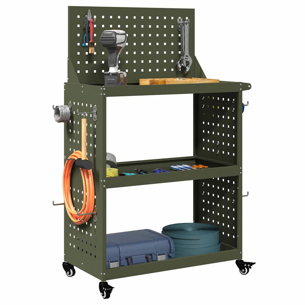 vidaXL Gereedschapswagen met plank en wiel olijfgroen 65 x 35 x 111 cm