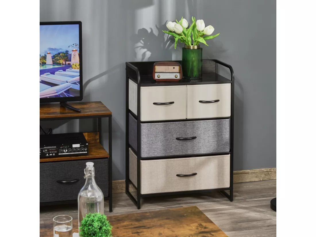 Meuble de rangement chiffonnier 4 tiroirs en tissu 58 x 29 x 78,5 cm noir gris écru beige