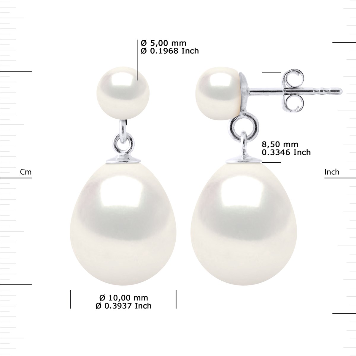 STELLA - Boucles d'Oreilles Perles d'Eau Douce 10-11 mm Blanches Or Blanc