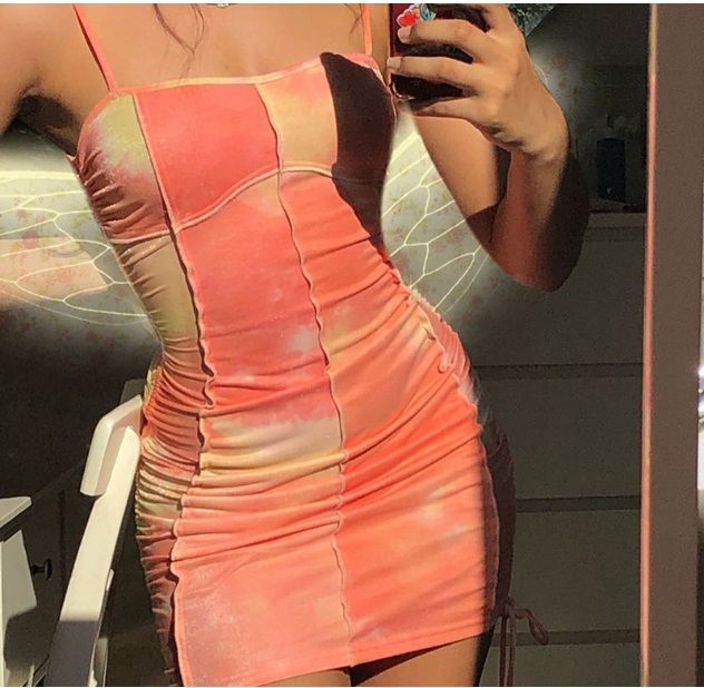 Genrovia - Spaghettibandjes Tie-Dye Print Geplooide Mini Bodycon Jurk