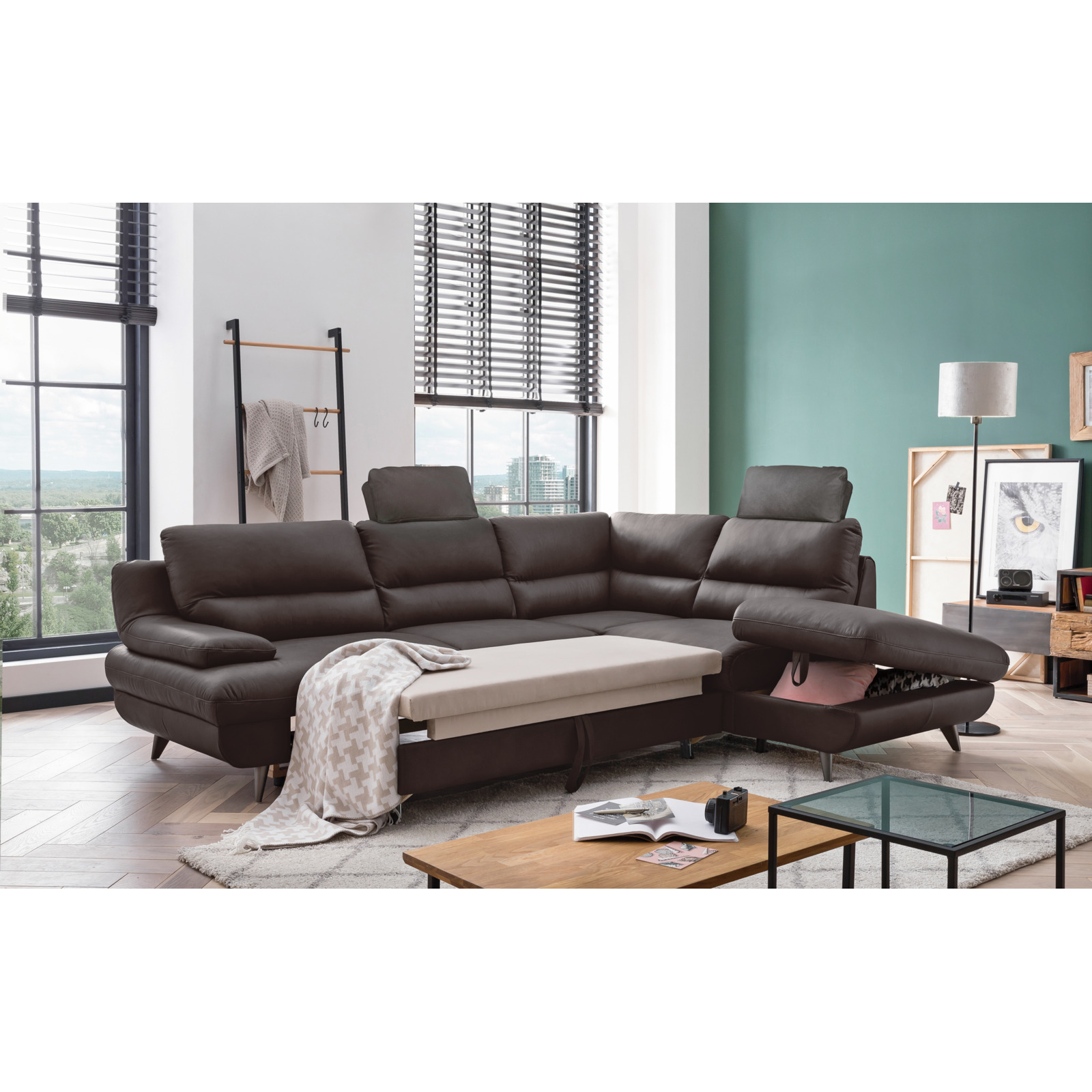 Ecksofa Pike Leder, Ottomane rechts dunkelbraun