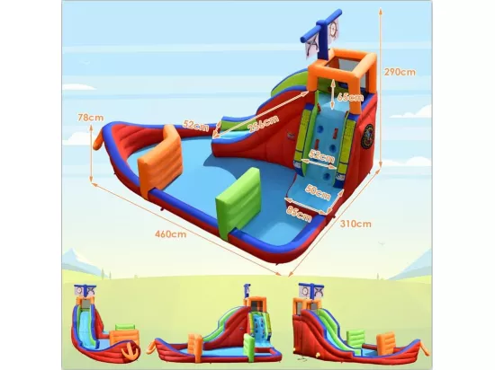 Château Gonflable Bateau Pirate 6 en 1, avec Toboggan, Mur d'escalade, Pataugeoire, Jeu de Fléchettes, Lancer d'Anneaux et Pistolets à Eau (avec Souffleur)