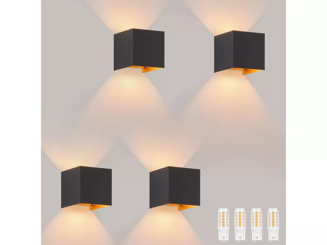 NETTLIFE Applique LED 3W,4 pièces -G9 Lampe Murale Extérieur/Intérieure Noire et Dorée，étanche double faisceau réglable IP65 230V 3000K