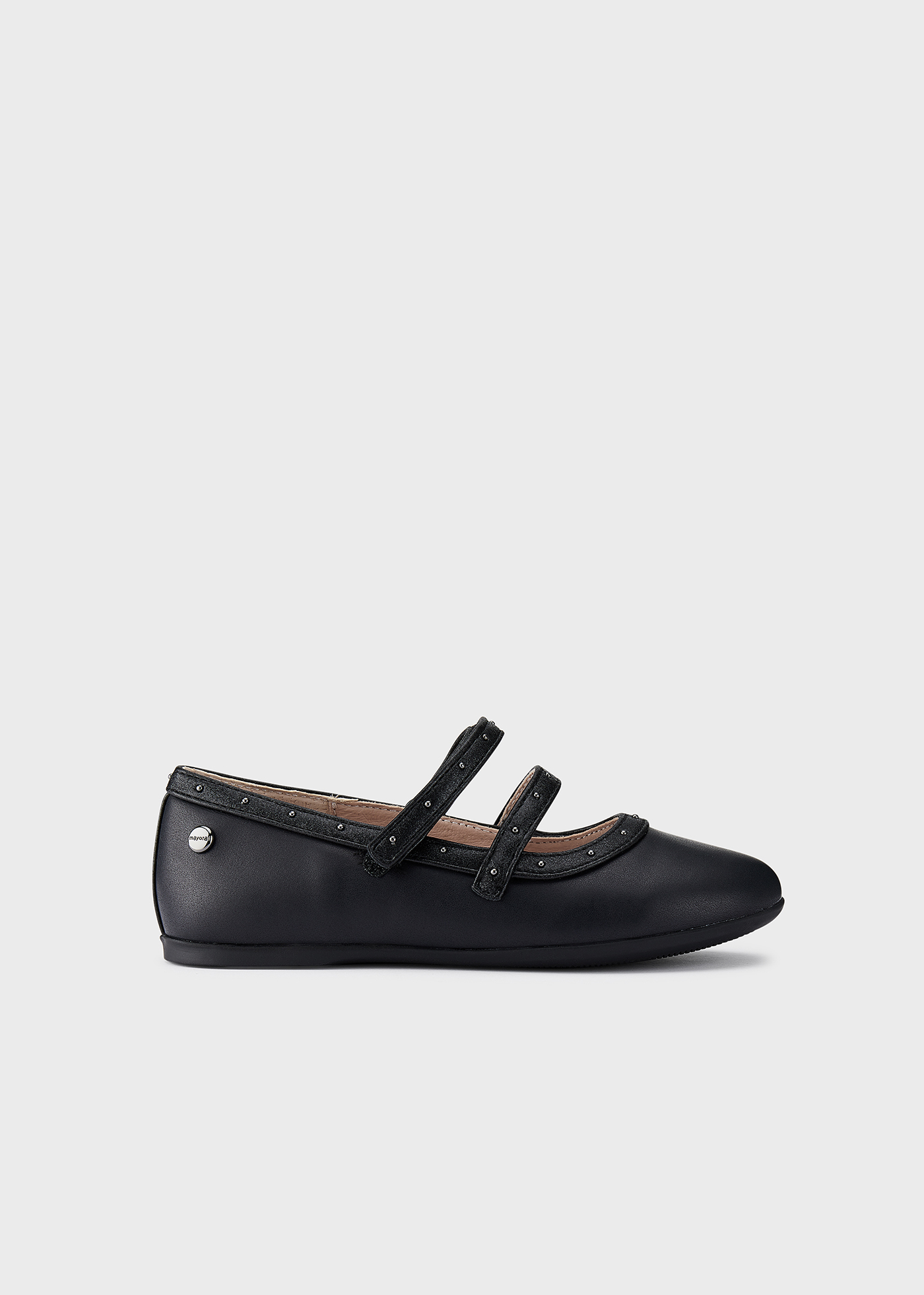 Sapato estilo Mary Jane com palmilha cravejada, em couro sustentável, para meninas.