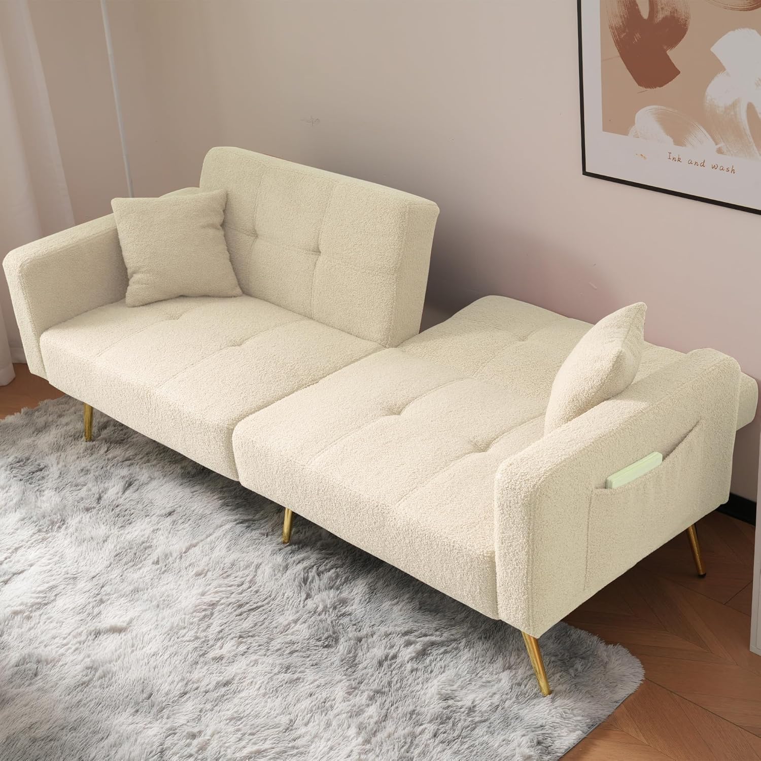 2-in-1 Schlafsofa Sofa Couch mit Schlaffunktion, Verstellbarer Rückenlehne, goldenen Beinen, mit Kissen (Beige)