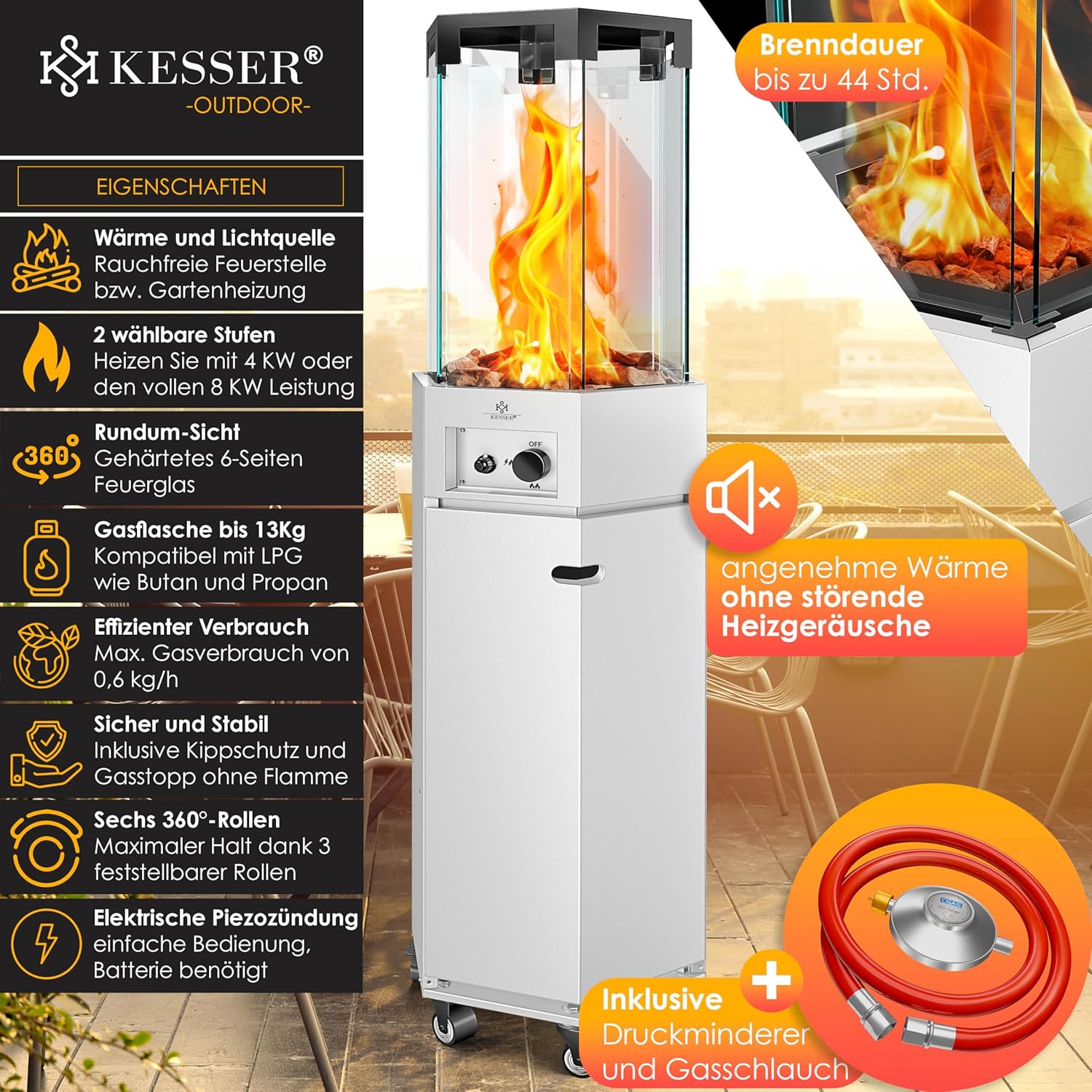 KESSER® Gasheizstrahler 4/8 kW Gas Piezozündung Heizung + Gasdruckregler + Cover, 360° Rollen Kippschutz, Terrassenheizstrahler Gasheizung Gasheizer Outdoor Kamin Mobiler Heizpilz, Heizer, Weiß