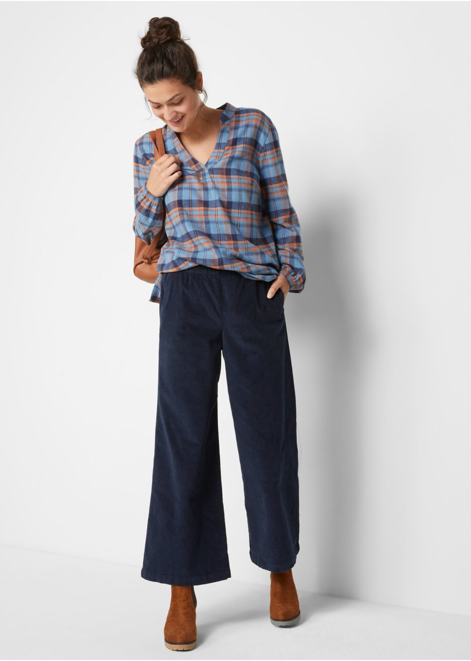 Pantalon large en velours côtelé avec taille haute confort, longueur cheville
