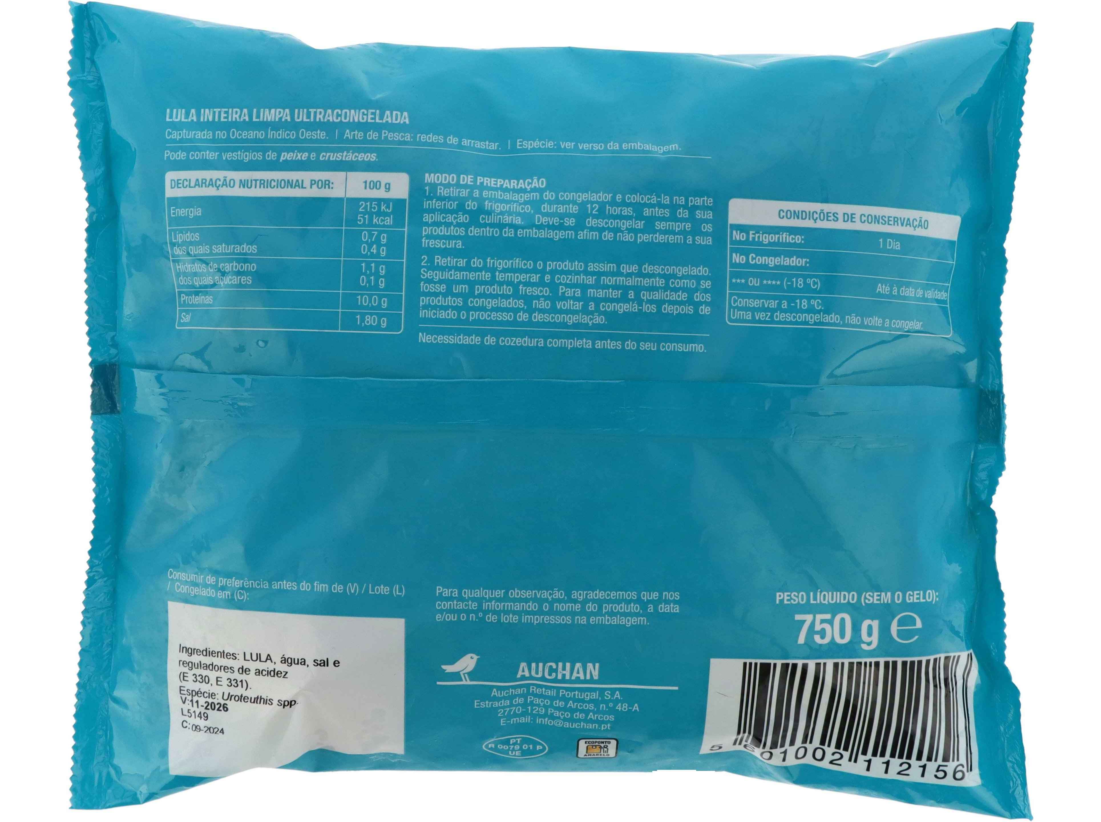 LULA AUCHAN LIMPA INTEIRA ULTRACONGELADA 750G