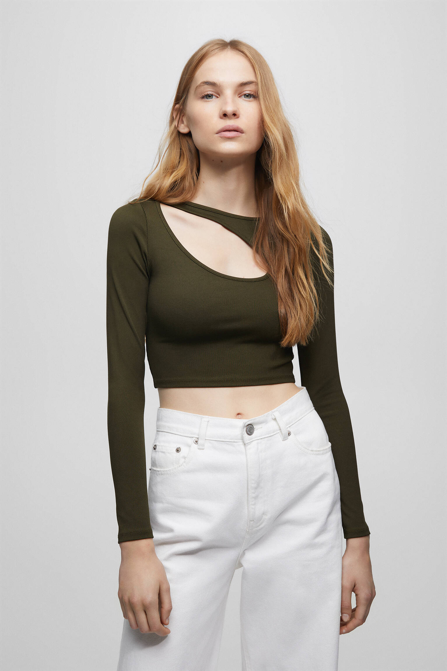 Blusa de manga comprida com recortes - cáqui médio