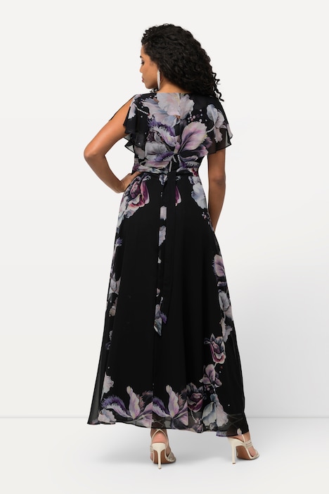 Maxikleid, Chiffon, Blüten, A-Linie, V-Ausschnitt, Ärmel-Volant