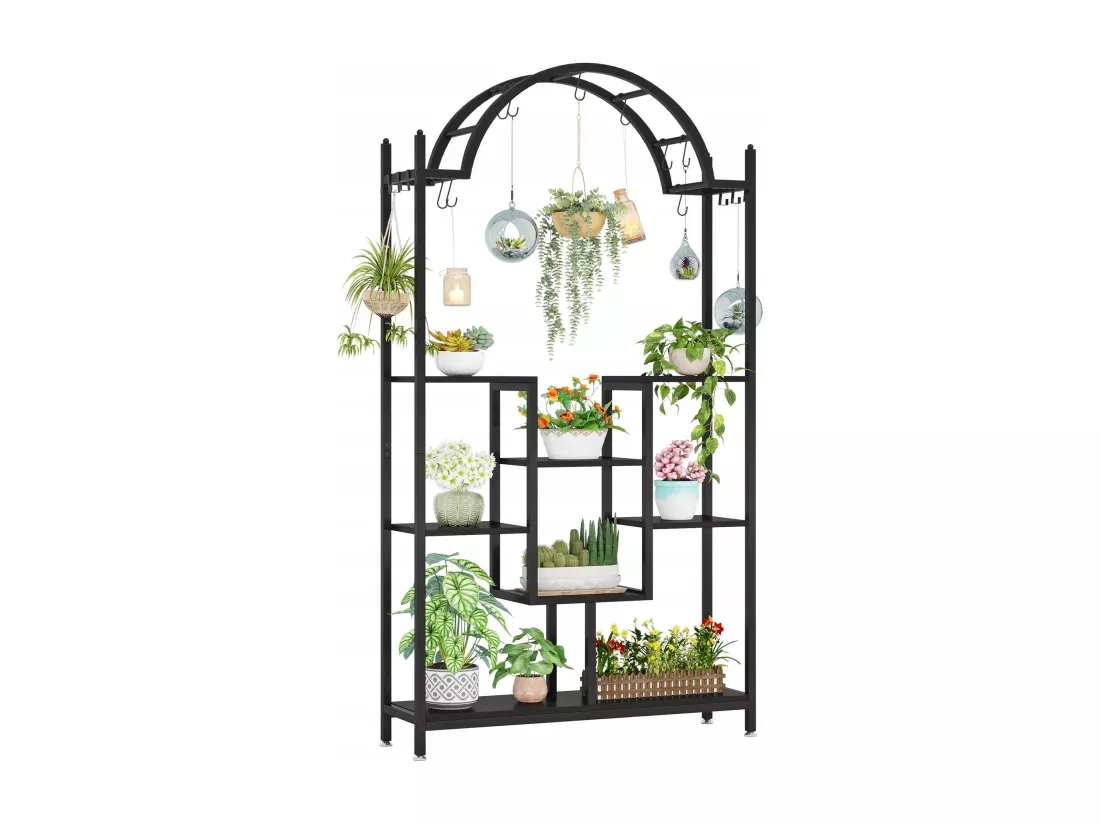 Support pour plantes d'intérieur à 5 niveaux, 190 cm, Étagère pour plantes en métal avec 8 crochets en S,Noir