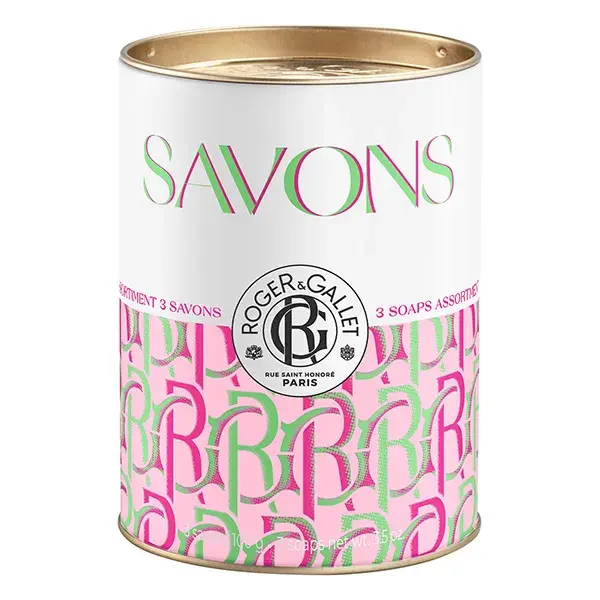 Conjunto de presente Roger & Gallet com 3 sabonetes benéficos: Folha de chá de rosas e Chá de rosas, 100g