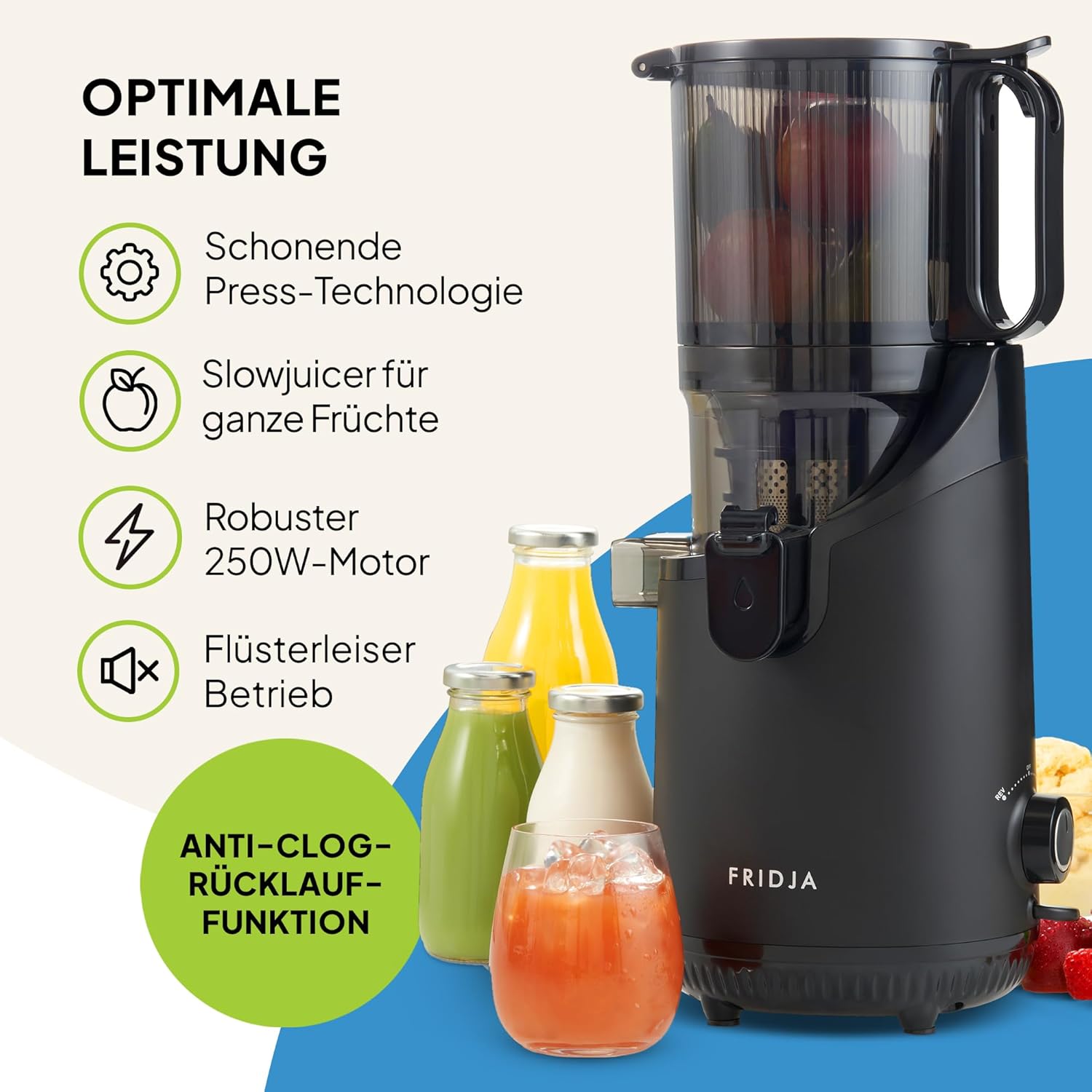 Entsafter Gemüse und Obst – Fruchtsaftpresse Elektrisch Slow Juicer – Saftpresse für ganze Früchte mit 135mm Öffnung und Rückwärts-Kau-Funktion, 250W, Spülmaschinenfest, BPA-Frei, Schwarz