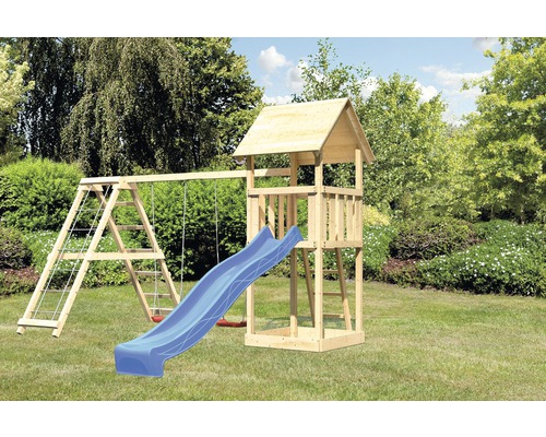 AKUBI Lotti houten speeltoren met zandbak, dubbele schommel, klimrek en glijbaan, blauw