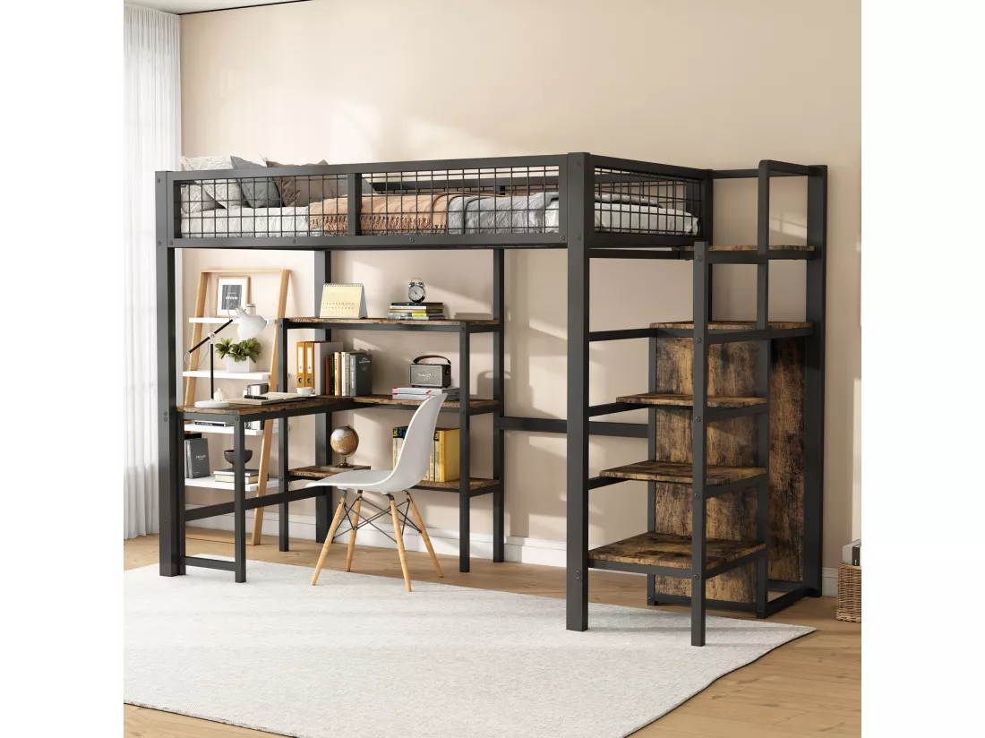 90 * 200cm lits superposés, lit en fer, sous la table, plusieurs étagères, armoire intégrée, noir