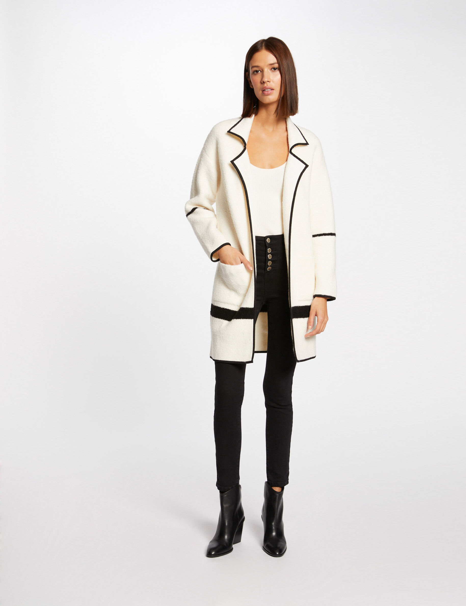 Gilet long avec manches longues ivoire femme - ivoire