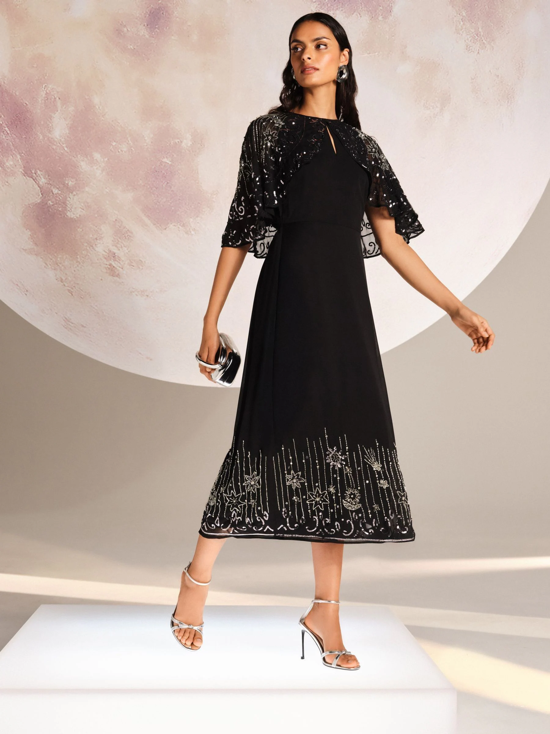 Love & Roses Embellished Cape Midaxi Dress