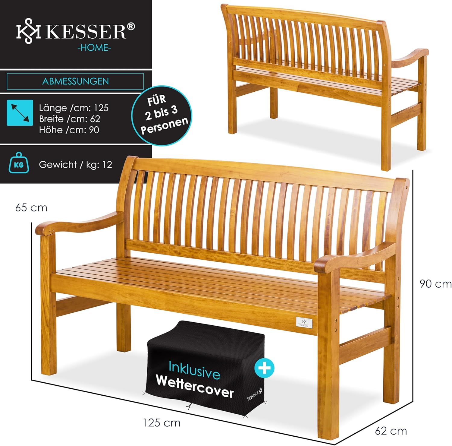 KESSER® Gartenbank Holz Holzbank wetterfest | Für 2 bis 3 Personen | Parkbank aus Massivholz | Sitzbank 320kg belastbar 125 cm | Balkonbank Bank für Balkon Terrasse & Garten inkl. Cover Hellbraun