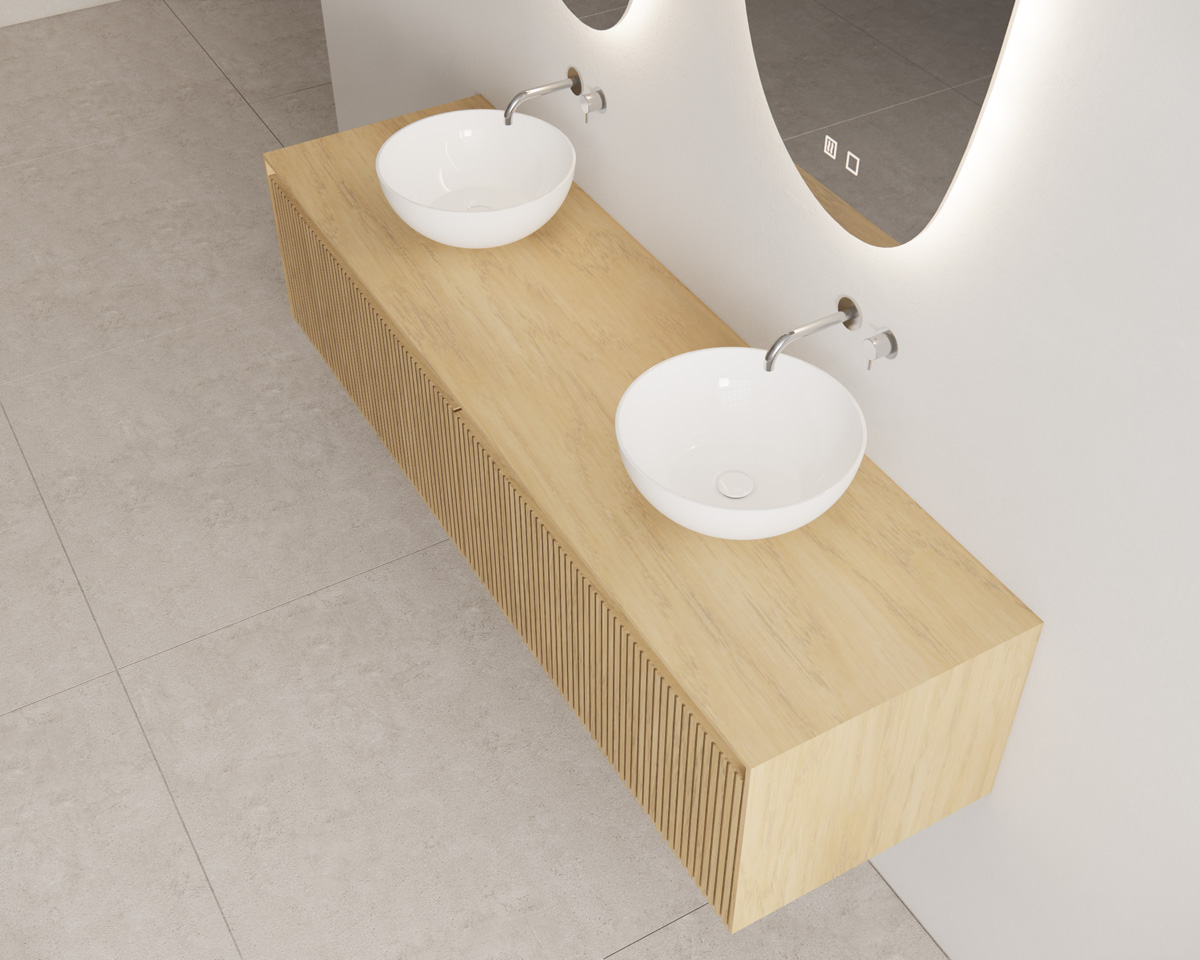 SCHADEMODEL: Gliss Design Timotheus badmeubel met 2 lades en ribbelfront 160cm castle brown