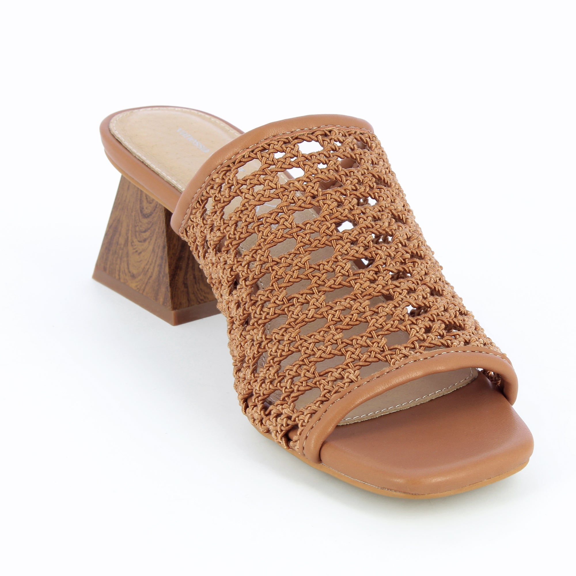 Sandales à talon, Compensées-Mules à talon Sandrine camel tressées façon cannage